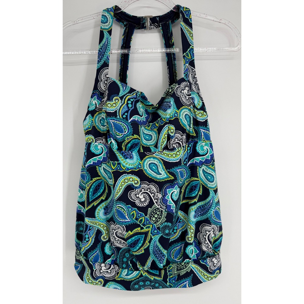 Lands End Womens Sz 8 Blue Paisley Blouson Tankini Swim Top Halter Shelf Bra